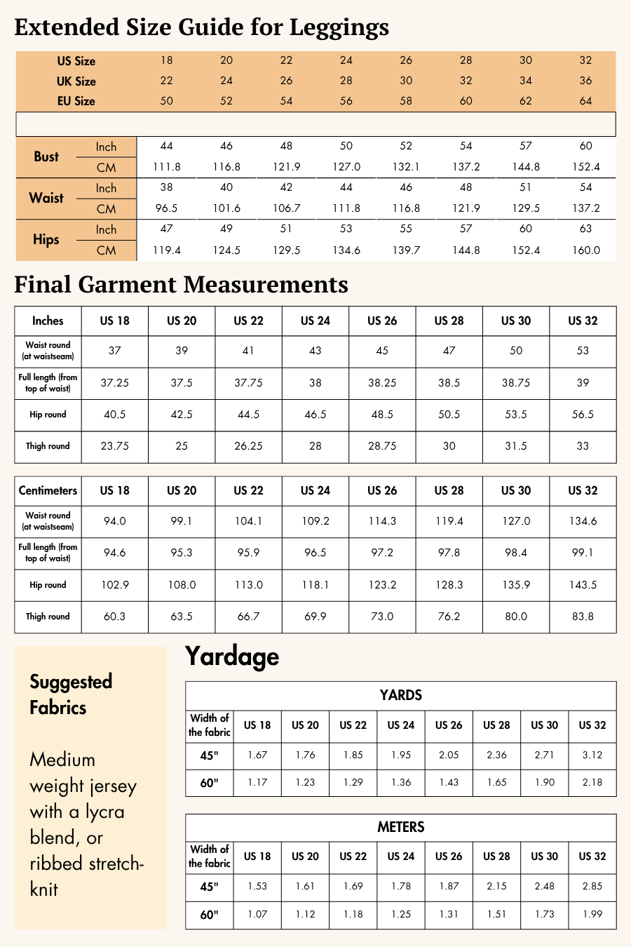 Extended size guide for leggings with bust, waist, and hips measurements in inches and centimeters