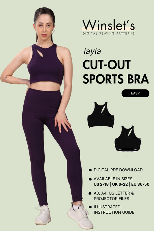 Layla cutout sports bra sewing pattern with racerback design. Digital download includes sizes US 2-18, UK 6-22, and EU 36-50 with illustrated instructions.