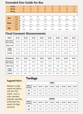 Extended size guide for bras with measurements in inches and centimeters