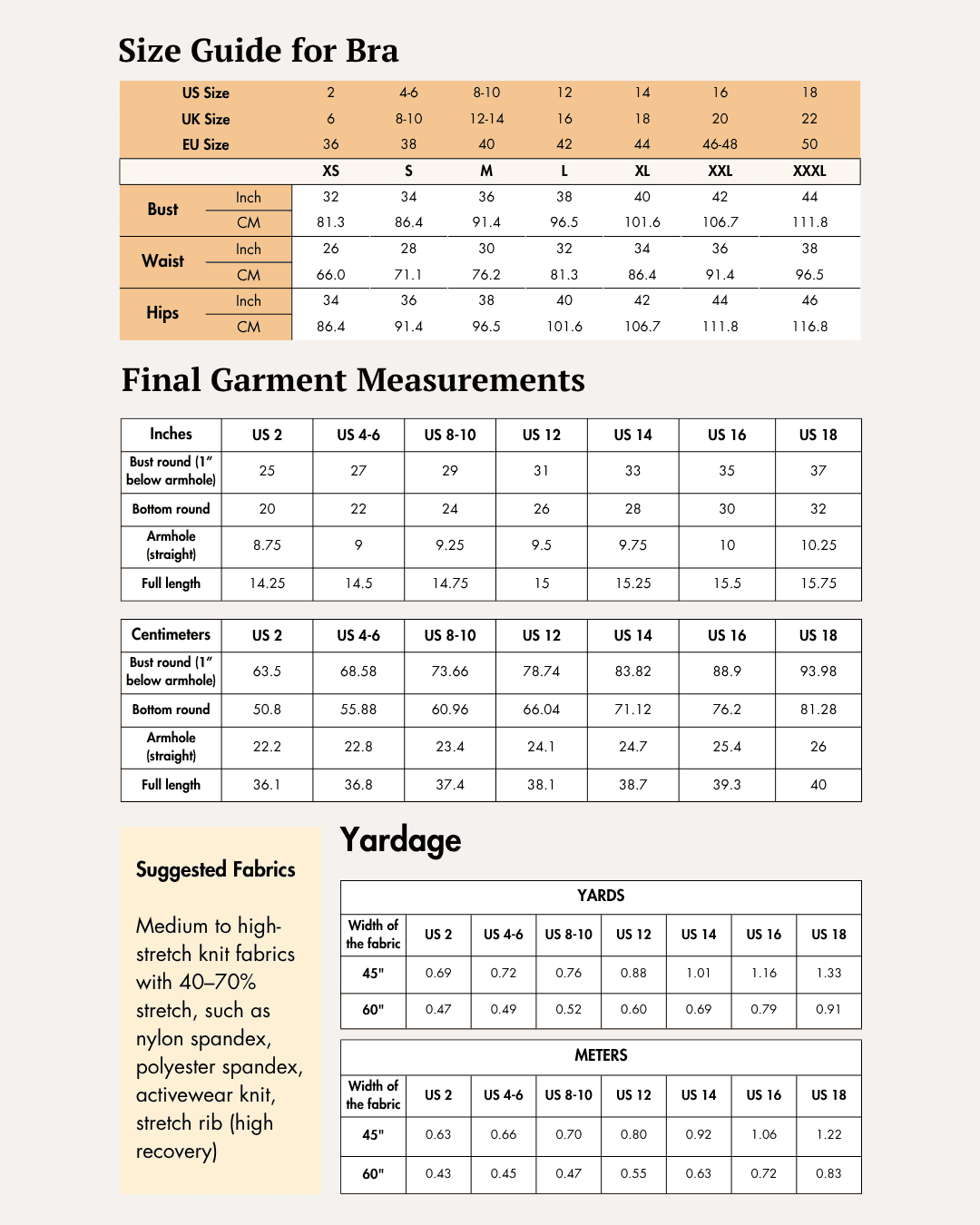 Size guide chart for women's activewear sports bra 