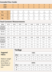 Extended Size guide chart for sewing leggings in various sizes