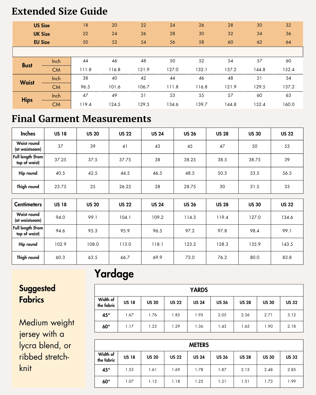 Extended Size guide chart for sewing leggings in various sizes