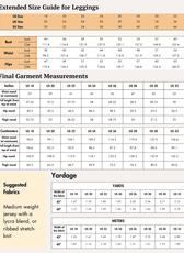 Extended size guide for leggings with measurements in inches and centimeters