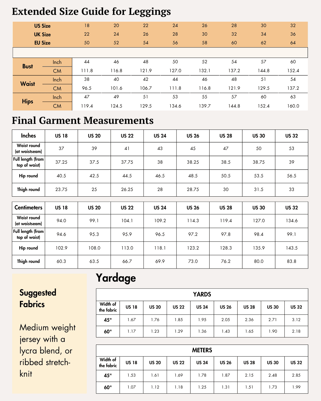 Extended size guide for leggings with measurements in inches and centimeters