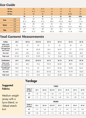Size guide chart for sewing leggings in various sizes