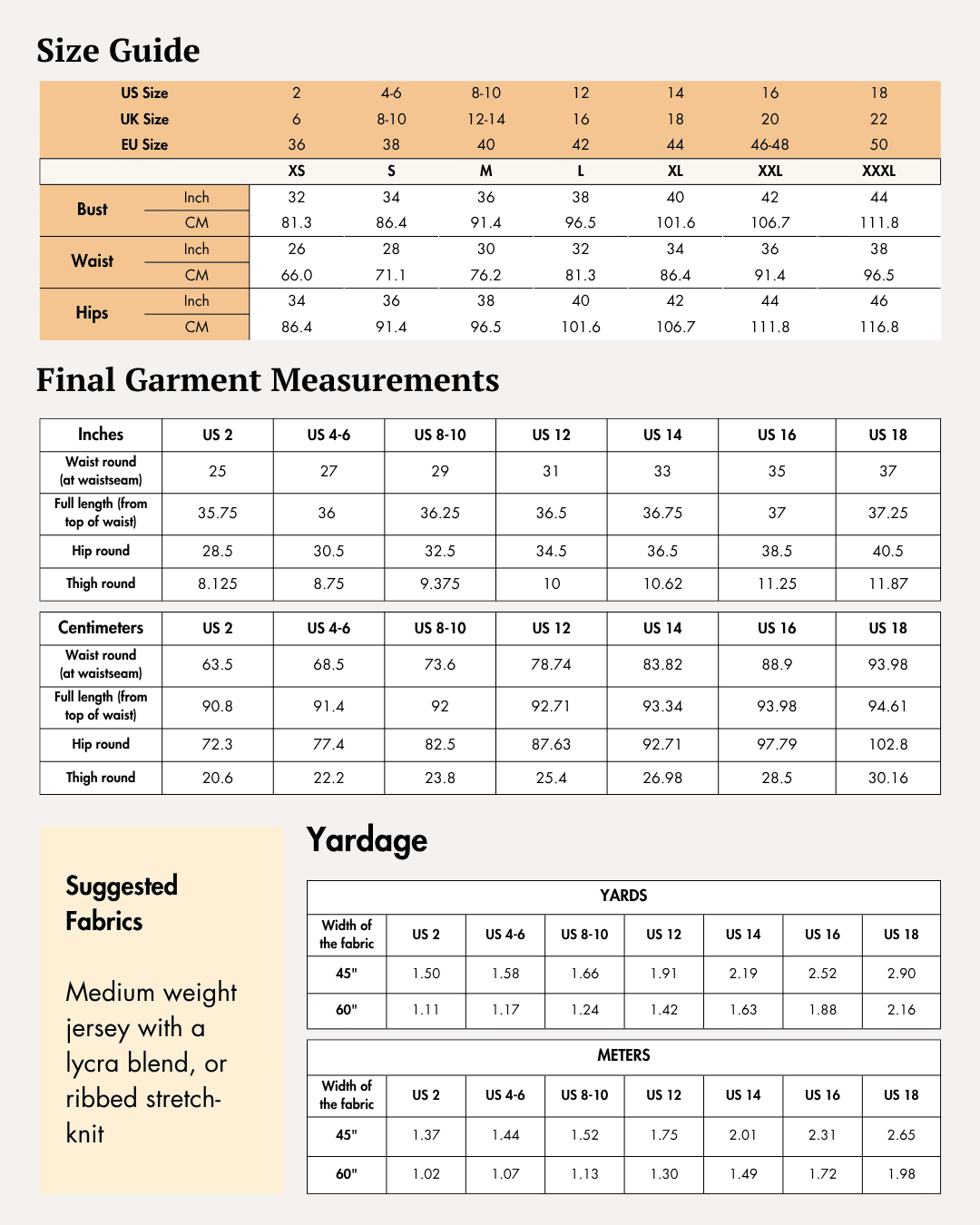 Size guide chart for sewing leggings in various sizes