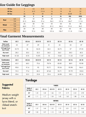 Size guide for leggings with measurements in inches and centimeters