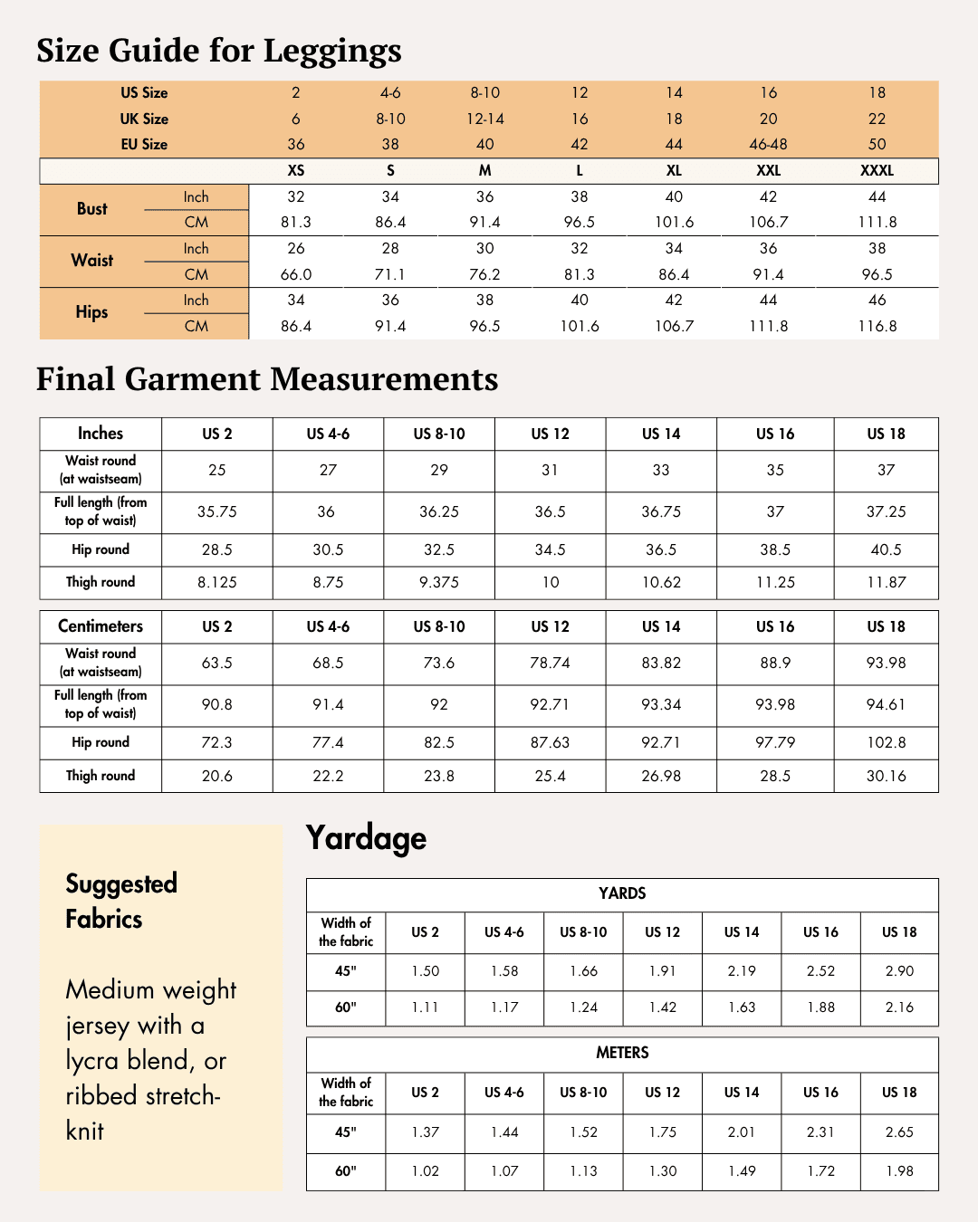 Size guide for leggings with measurements in inches and centimeters