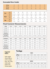Extended Size guide chart for women's cottagecore peasant blouse sewing pattern