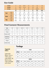 Size guide chart for women's sewing patterns with measurements for various sizes