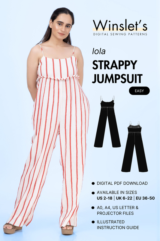 Lola strappy jumpsuit sewing pattern with thin straps, wide-leg design, and gathered waist. Digital PDF download available in multiple sizes.