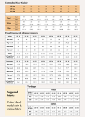 Extended size guide and fabric yardage for 'Lola' jumpsuit sewing pattern, size charts and fabric info
