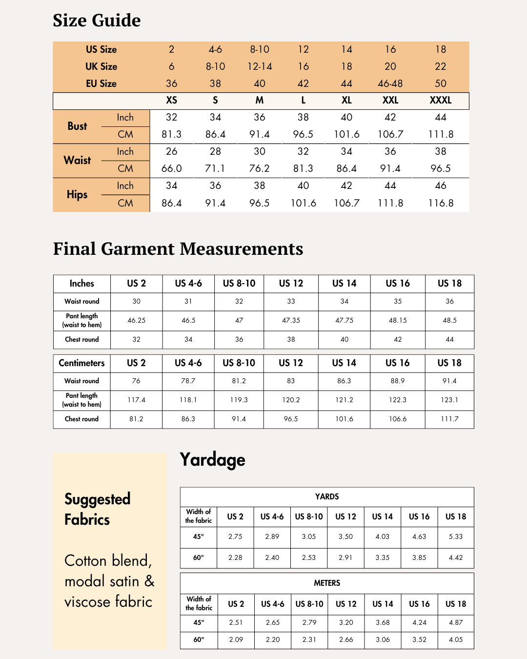 Size guide and measurement charts for sewing the 'Lola' sleeveless jumpsuit, detailed tables