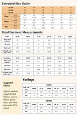 Extended size guide for the 'Louis' men's joggers sewing pattern, detailing measurements and fabric yardage for larger sizes.