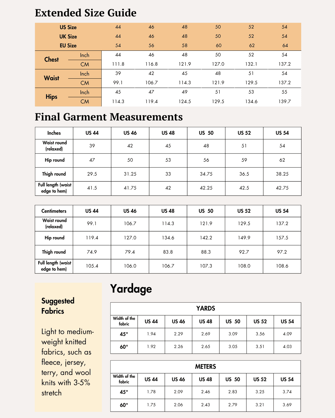 Extended size chart for men's joggers 'Louis' sewing pattern with chest, waist, and hip measurements