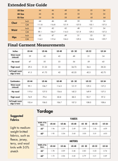 Extended size chart for men's joggers 'Louis' sewing pattern with chest, waist, and hip measurements