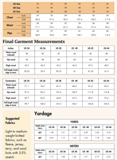 Size guide for the 'Louis' men's joggers sewing pattern, including US, UK, and EU sizes with fabric recommendations.