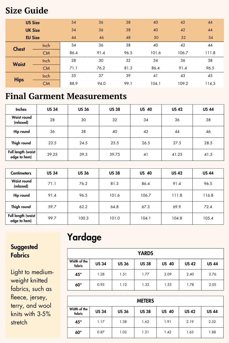 Size guide for the 'Louis' men's joggers sewing pattern, including US, UK, and EU sizes with fabric recommendations.