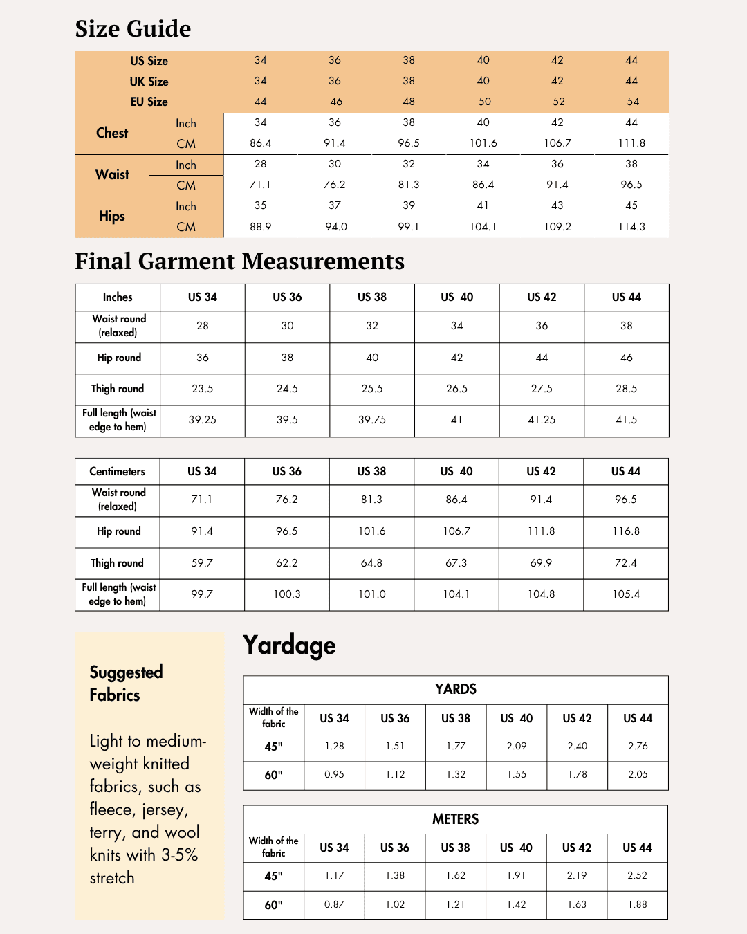 Size guide for men's joggers 'Louis' sewing pattern with measurements in inches and centimeters