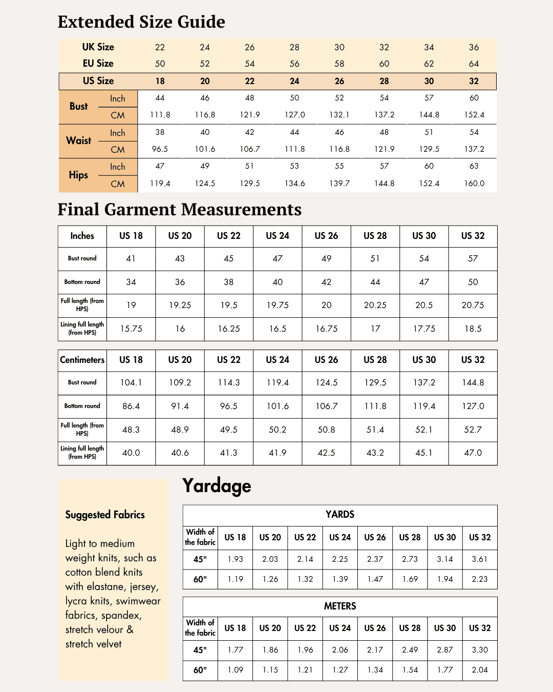 extended size guide for 'Luna' reversible ruched top sewing pattern