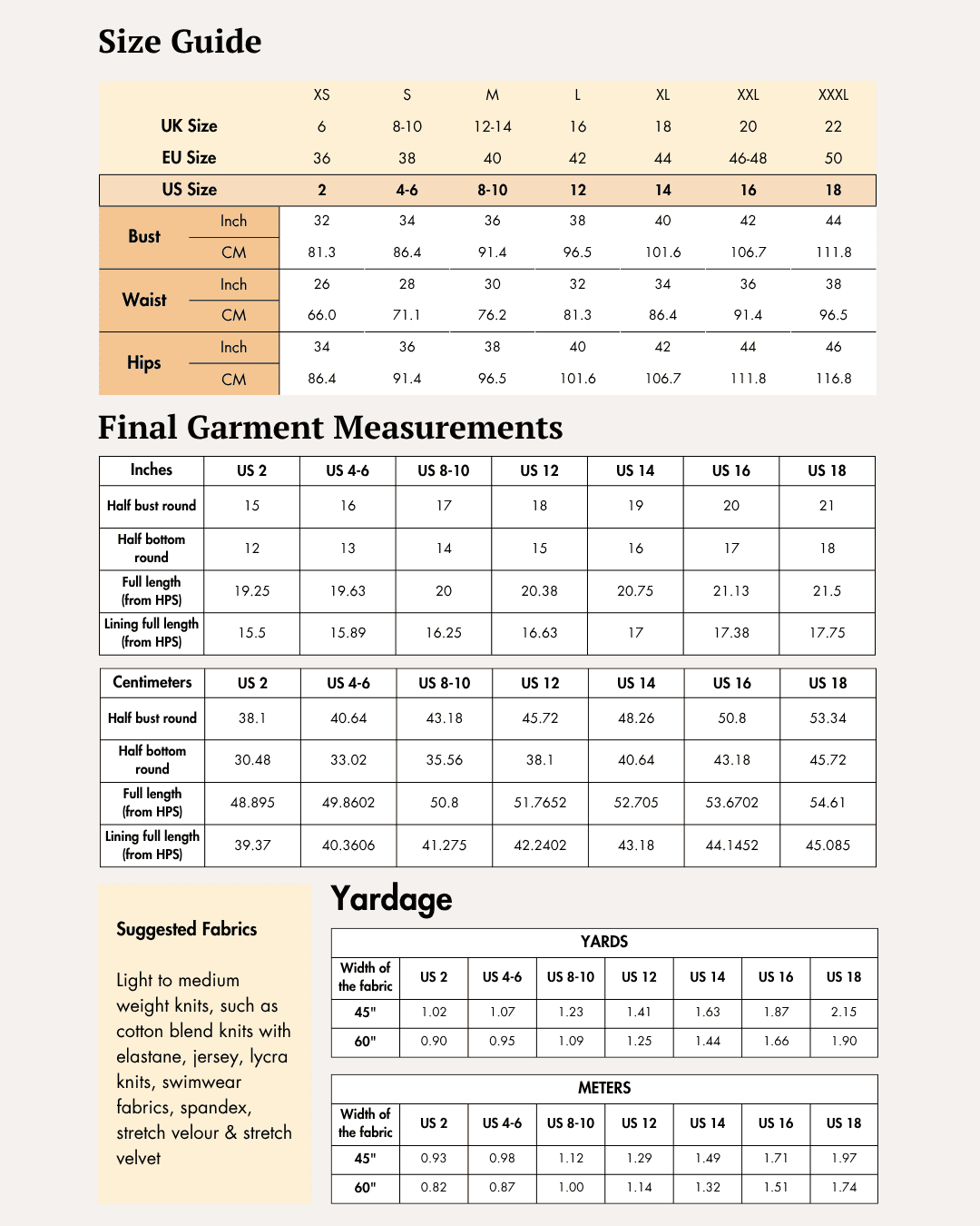 size guide for 'Luna' reversible ruched top sewing pattern