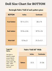 Doll size chart for bottom with fabric yield details for front bottom, back bottom, and waist belt, including suggested fabrics and fabric width