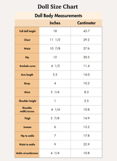 Doll size chart with measurements for full doll height, chest, waist, hip, armhole, arm length, bicep, wrist, shoulder height, shoulder width, thigh, inseam, hip to ankle, waist to ankle, ankle circumference