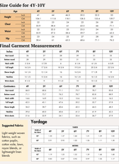 Size guide charts for NB-4Y and 4Y-10Y age groups, showing measurements in inches and centimeters for height, chest, waist, hip, and finished garment dimensions