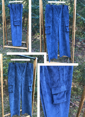 Handmade blue corduroy Y2K sweatpants created using the 'Maddie' sewing pattern. Features cargo pockets and a relaxed fit for a nostalgic 2000s look.