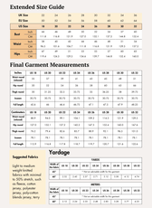 Extended Size guide and measurements for Maddie sweatpants sewing pattern in various sizes