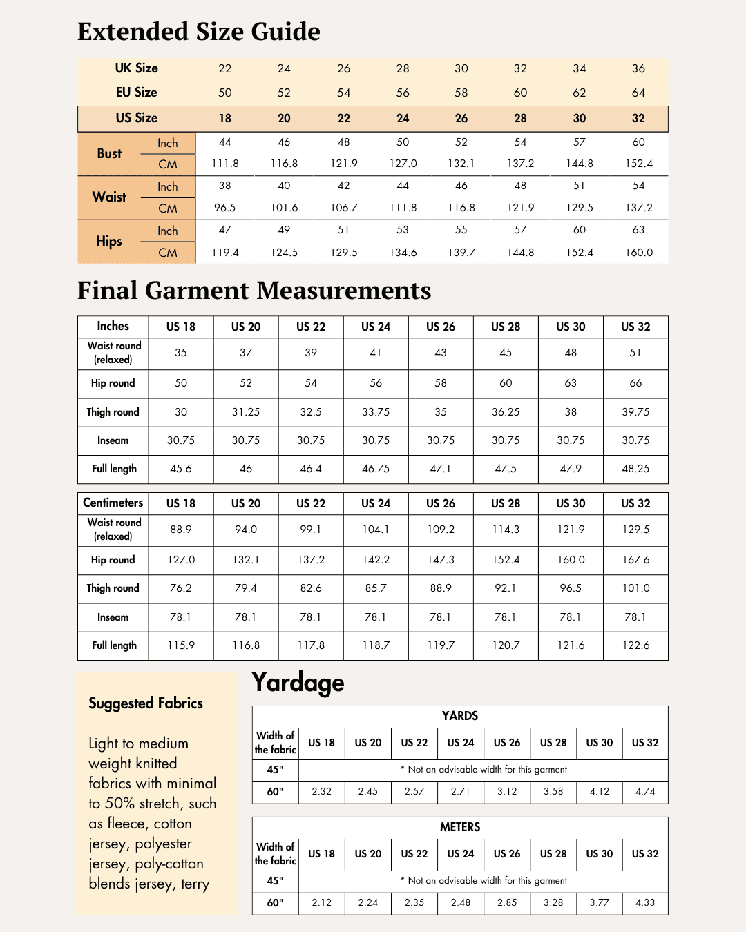 Extended Size guide and measurements for Maddie sweatpants sewing pattern in various sizes
