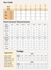 Size guide and measurements for Maddie sweatpants sewing pattern in various sizes