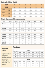 Extended size guide for the 'Maddy' men's long sleeve T-shirt sewing pattern. Details garment measurements and suggested fabrics for sizes US 44-54.