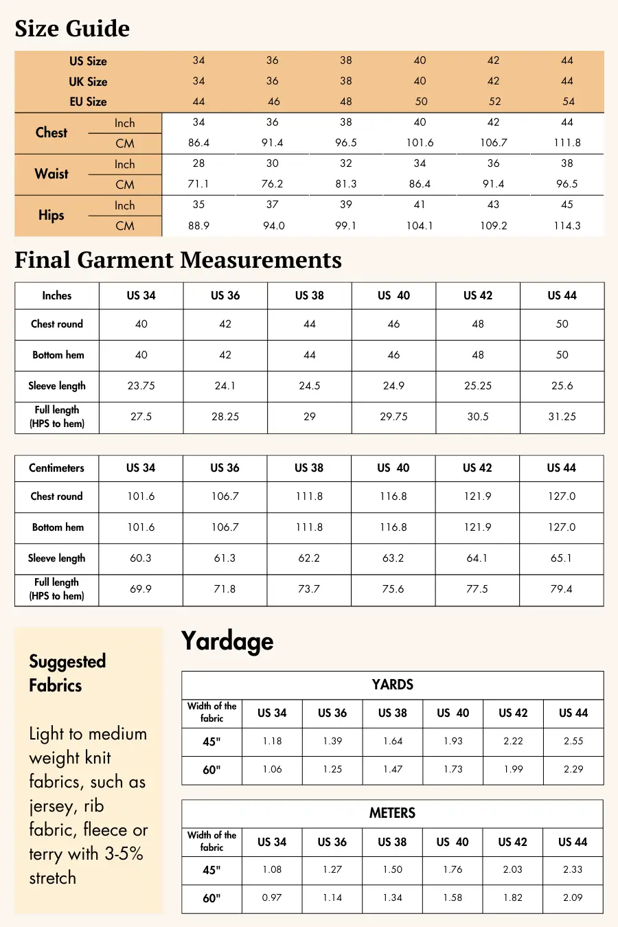 Size guide for the 'Maddy' men's long sleeve T-shirt sewing pattern. Includes US, UK, and EU sizes with garment measurements and fabric recommendations.