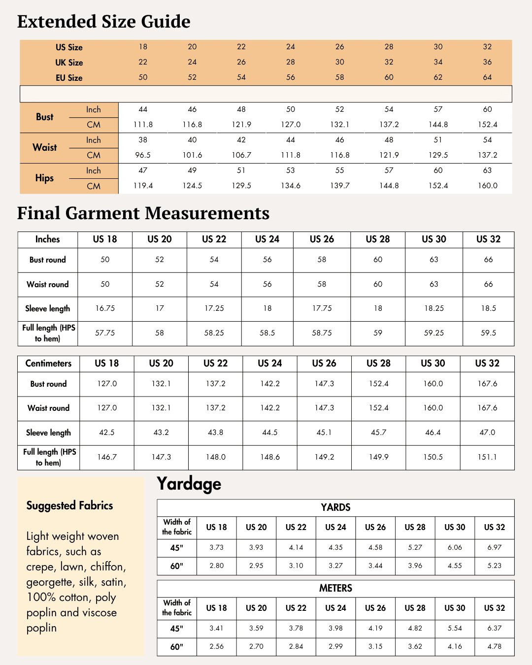 Extended size guide with bust, waist, and hip measurements in inches and centimeters for larger sizes