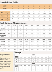 Extended size guide with bust, waist, and hip measurements in inches and centimeters for larger sizes