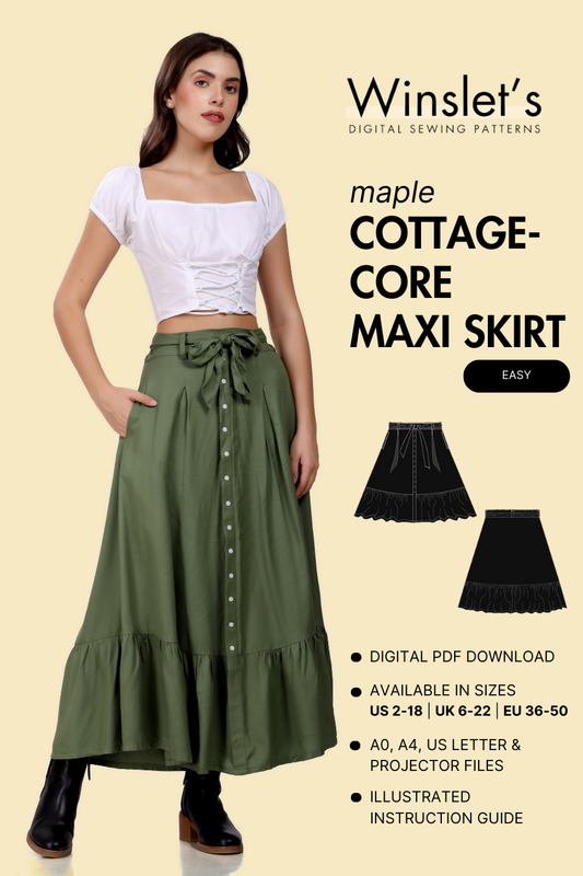 Maxi tiered skirt sewing pattern by Winslet's, featuring a belted waist, decorative front buttons, and a ruffled hem. Available in US 2-18, UK 6-22, EU 36-50.