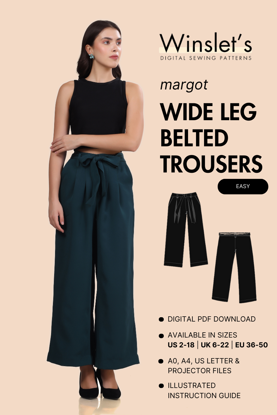 Wide Leg Belted Trousers Sewing Pattern 'Margot'