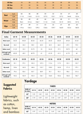 Extended Size guide for wide leg belted trousers sewing pattern