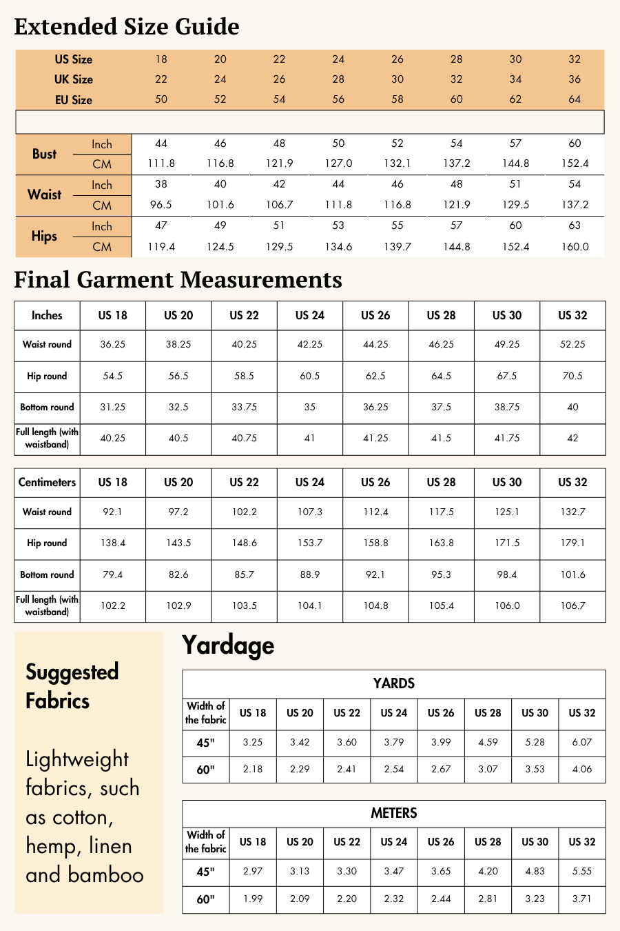 Extended Size guide for wide leg belted trousers sewing pattern