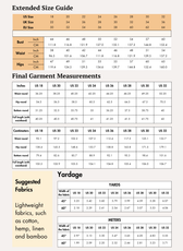 Extended Size guide chart for women's wide leg trousers sewing pattern 'Margot' with measurements in inches and centimeters