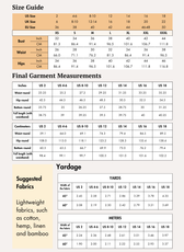 Size guide chart for women's wide leg trousers sewing pattern 'Margot' with measurements in inches and centimeters