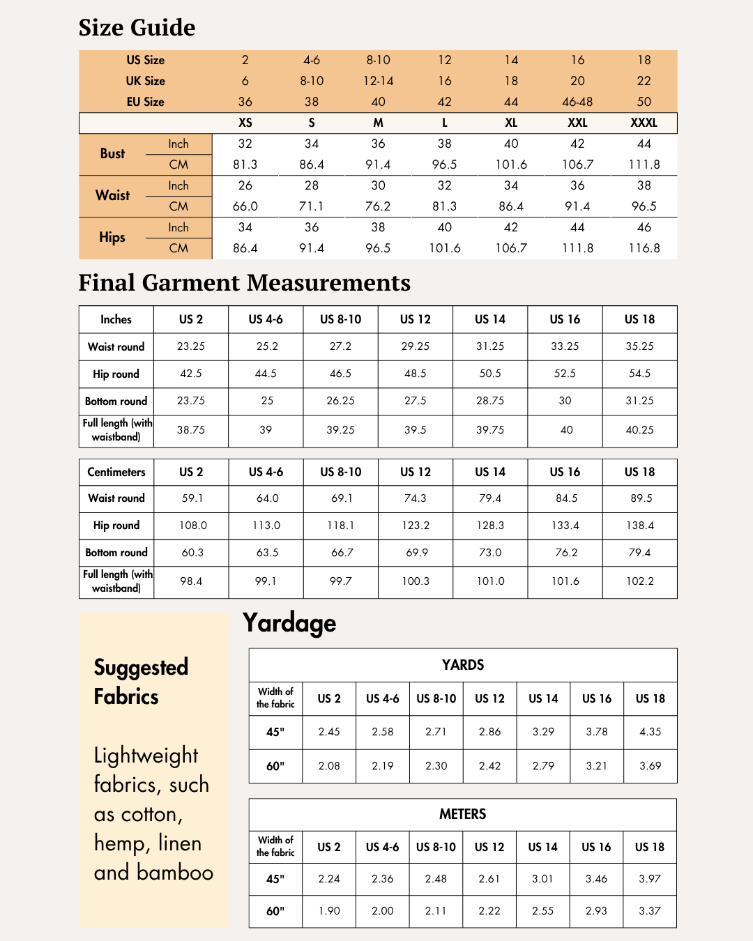 Size guide chart for women's wide leg trousers sewing pattern 'Margot' with measurements in inches and centimeters