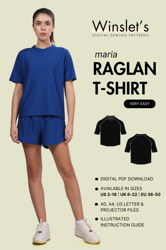 Raglan T-shirt Sewing Pattern 'Maria' for a sporty and comfortable fit. Digital PDF pattern with raglan sleeves, available in multiple sizes.