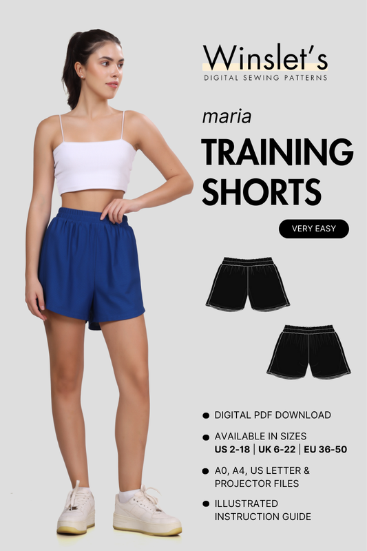 Training Shorts Sewing Pattern 'Maria' by Winslet's Patterns. Digital PDF pattern for relaxed-fit workout shorts with an elastic waistband.