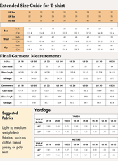 Extended size guide for T-shirt with measurements and fabric recommendations