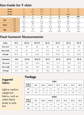 Size guide for T-shirt with measurements, fabric yardage, and detailed sizing tables