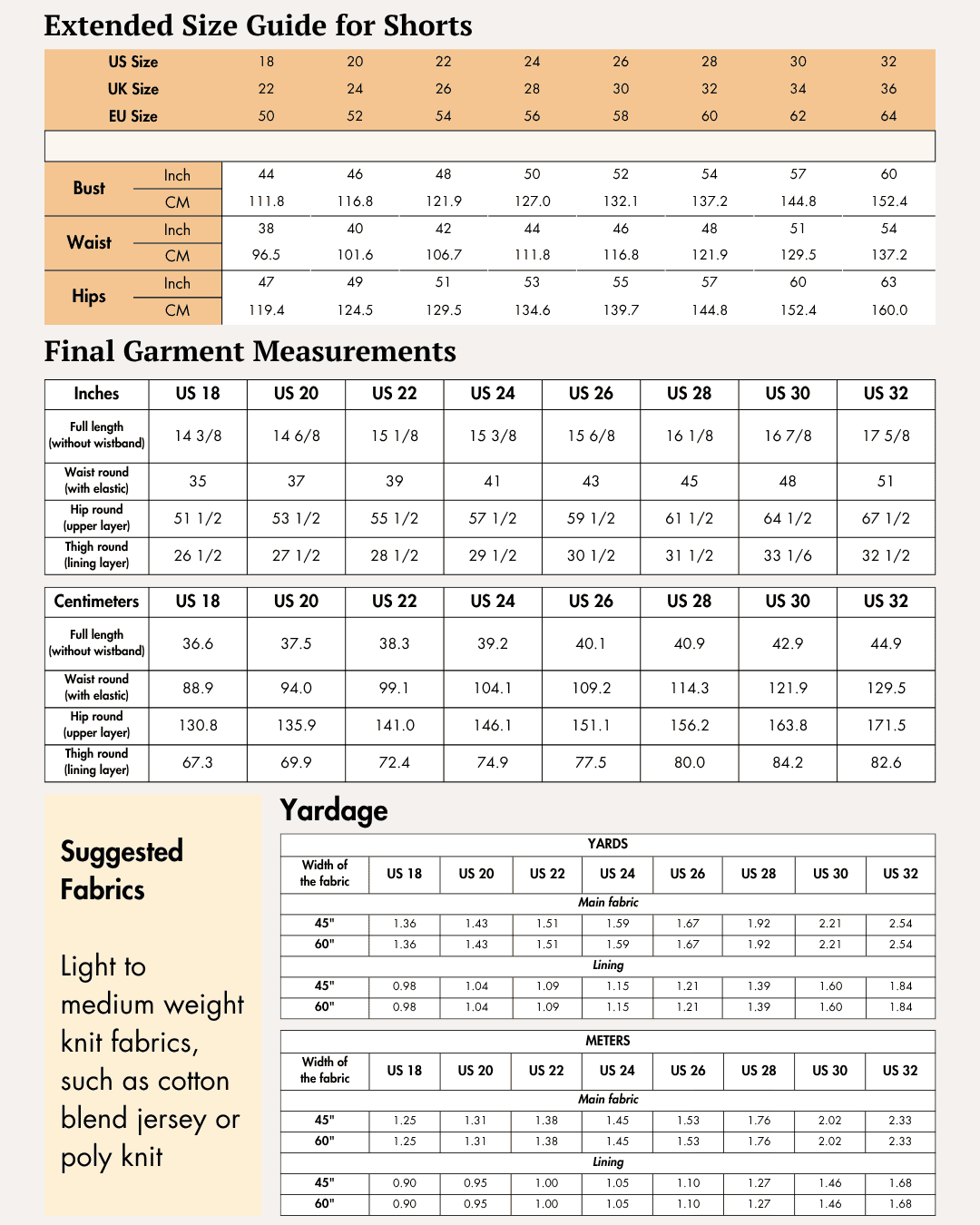 Extended size chart for shorts with bust, waist, hips measurements in inches and centimeters