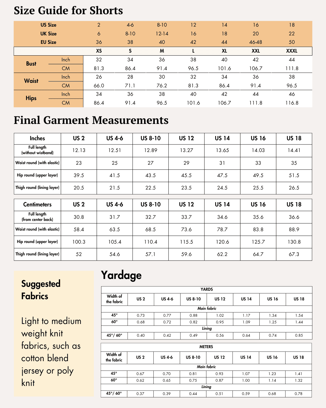 Size guide for shorts with measurements, fabric yardage, and detailed sizing tables