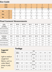 Size guide chart for sewing pattern with measurements and fabric yardage